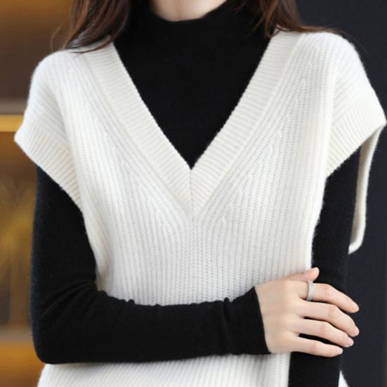 Женский осенне-зимний жилет с V-образным вырезом, свободный, без рукавов, трикотажный однотонный толстый трикотажный пуловер, эластичный, сохраняющий тепло свитер, жилет