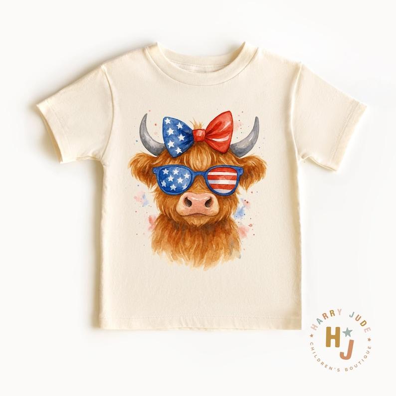 Patriotic Highland Cow Toddler Tee: 4th of July USA Girls Shirt