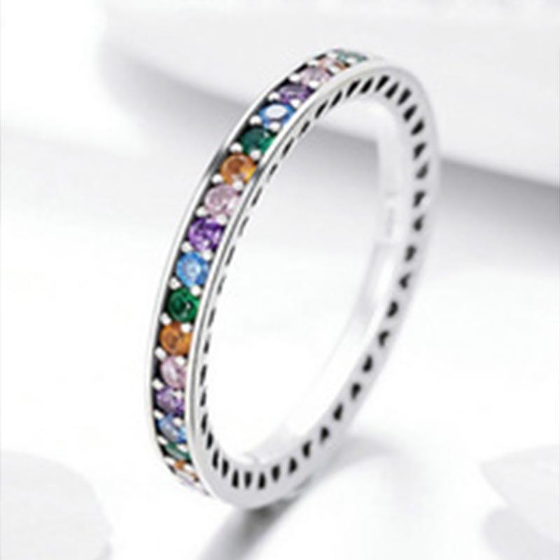 Copper Inlaid Zircon Full Inlaid Colorful Zircon Rainbow Ring Simple And Niche Design Sense Single Row Simple Ring Wholesale