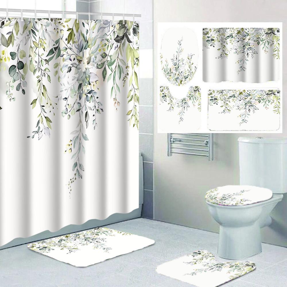 1/4 Зеленые Листья Шторки для Душа, Декор Сиденья для Унитаза, Шторка для Душа с Ковриком и Крышкой для Унитаза, 12 Крючков 70,8X70,8 Дюймов
