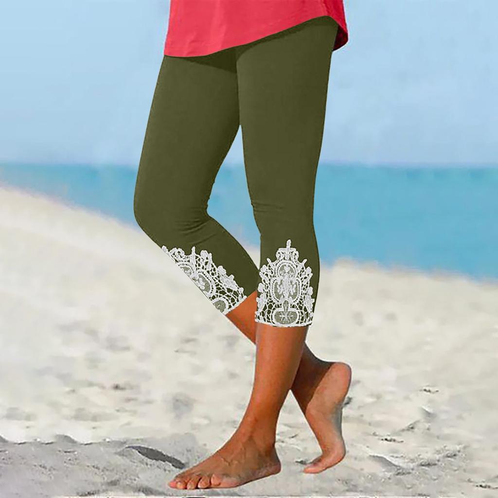 Брюки для женщин, эластичные кружевные леггинсы длиной 3/4, повседневные спортивные штаны для бега, тренировки, йоги
