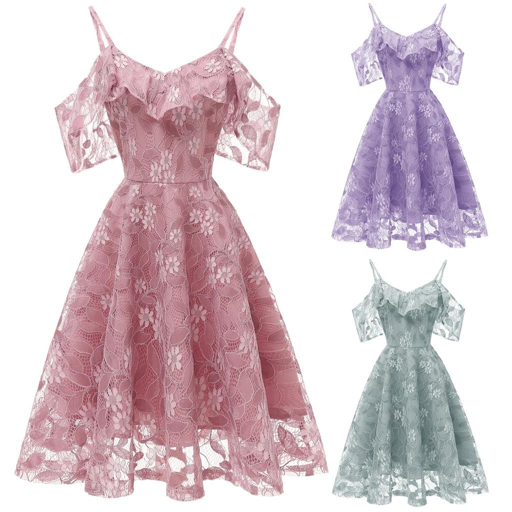 Deer Women's Floral Crochet Lace Ruffle Cold Shoulder Cami Strap Midi Bridesmaid Dress Wedding Evening Formal Party Cocktail Occasions Outfits