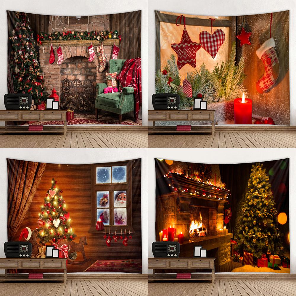 Fireplace Christmas Tree Print Tapestry Christmas Room Wall Decoration Backdrop Fabric Home Decor Tapestry Tapeçaria De Natal