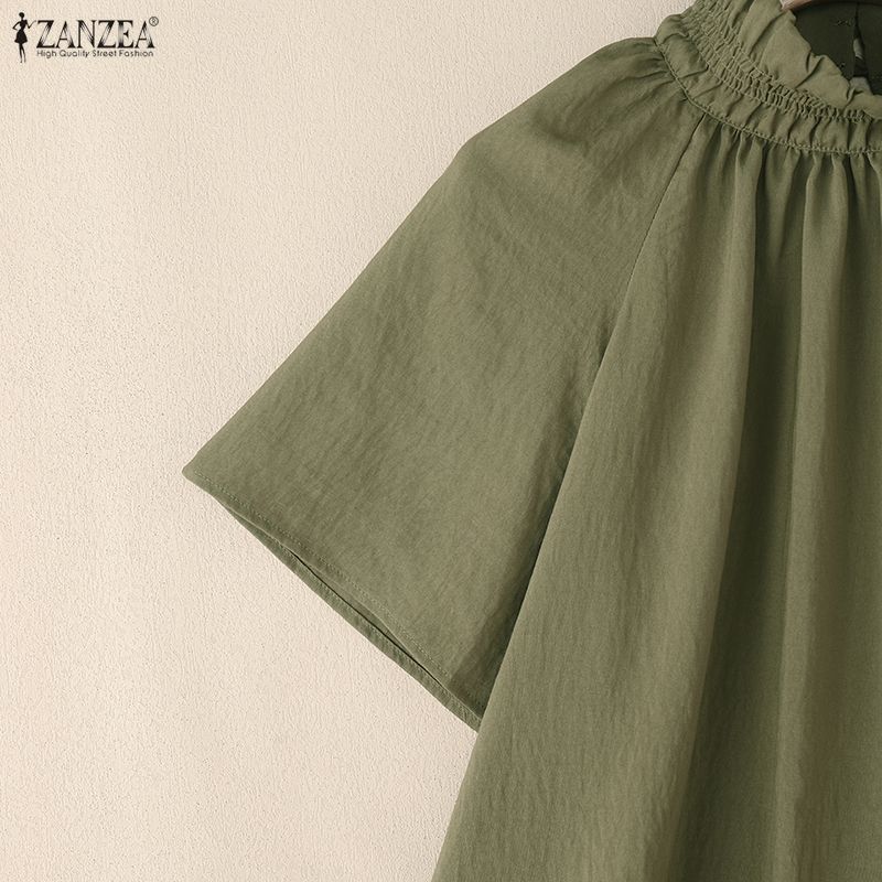 ZANZEA Женская повседневная блузка с высоким воротником, свободного кроя, с короткими рукавами, для лета