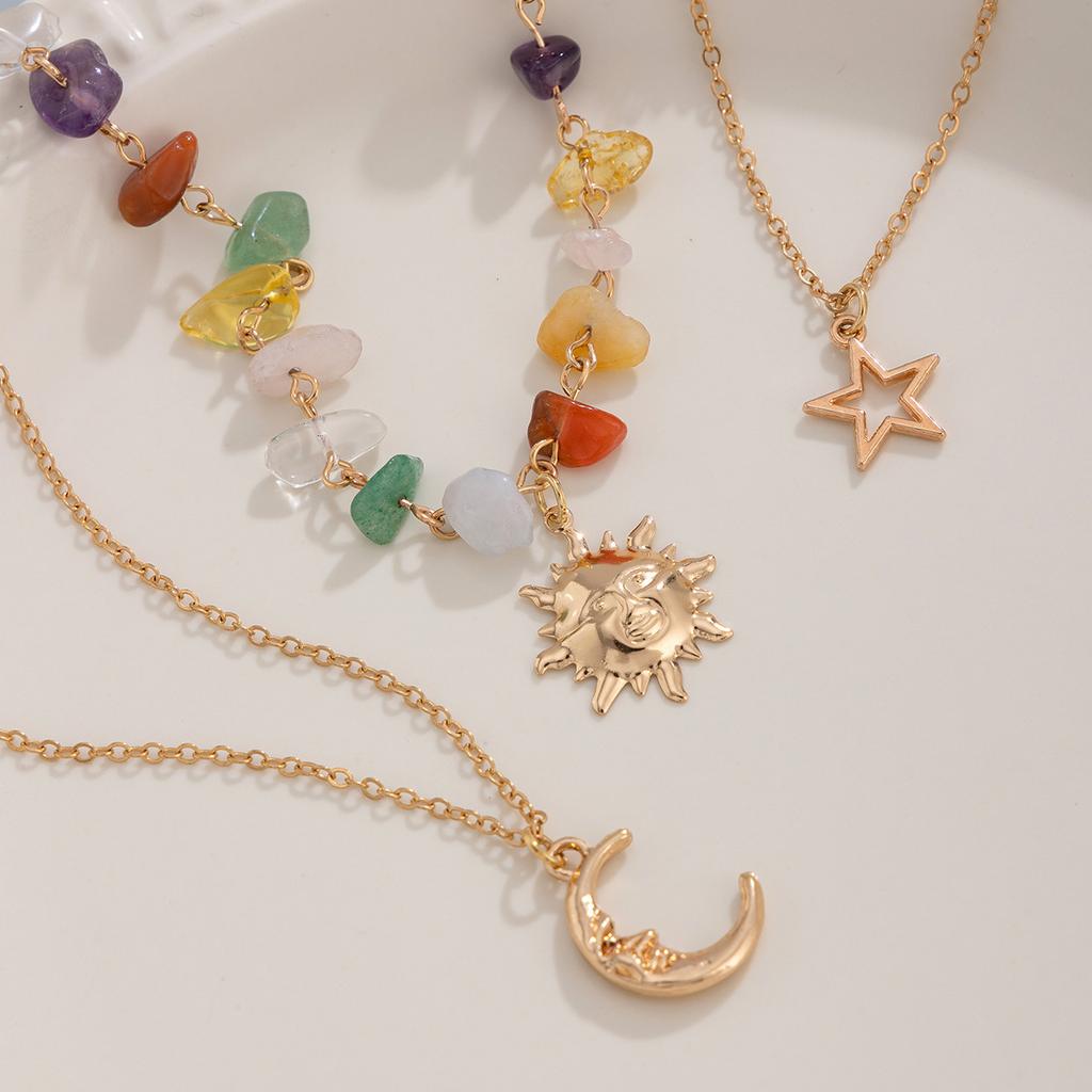 Pendant Necklace Sun Star Charms - Vintage Alloy Beaded Chain Layering for Everyday with Crescent Moon Boho-Chic 3Pcs/Set Fashion Jewelry Accessory