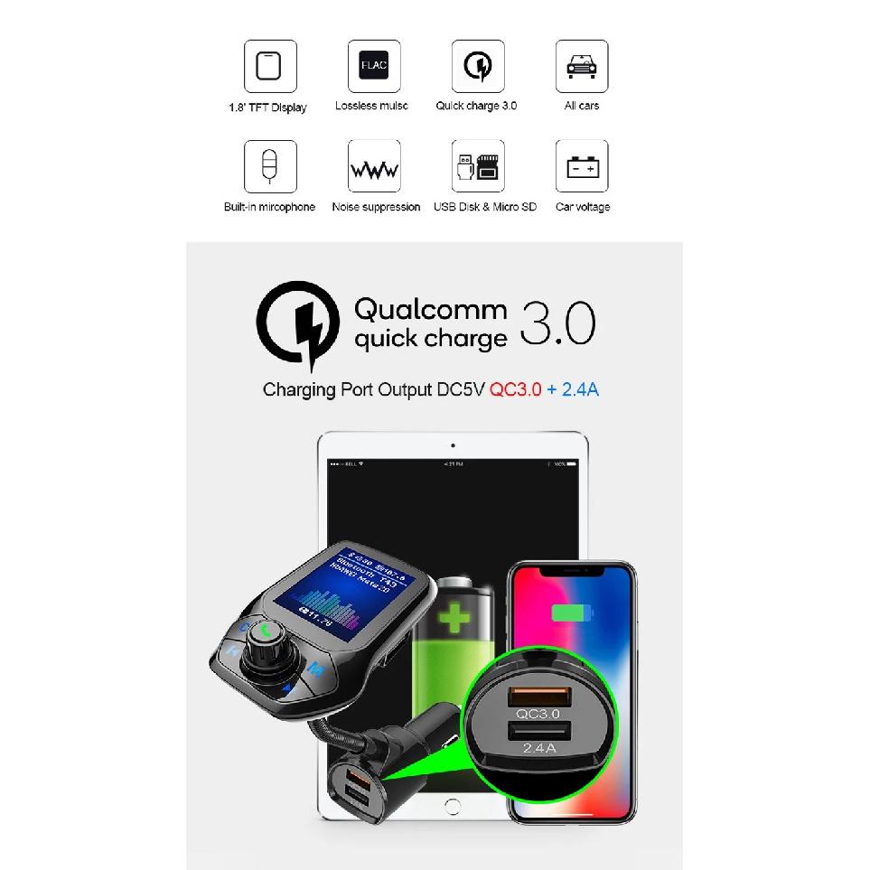 1.8 inch Color Display Bluetooth-compatible Handsfree Car Kit 3 USB Port QC3.0 Car Charger FM Transmitter Car MP3 Music Player