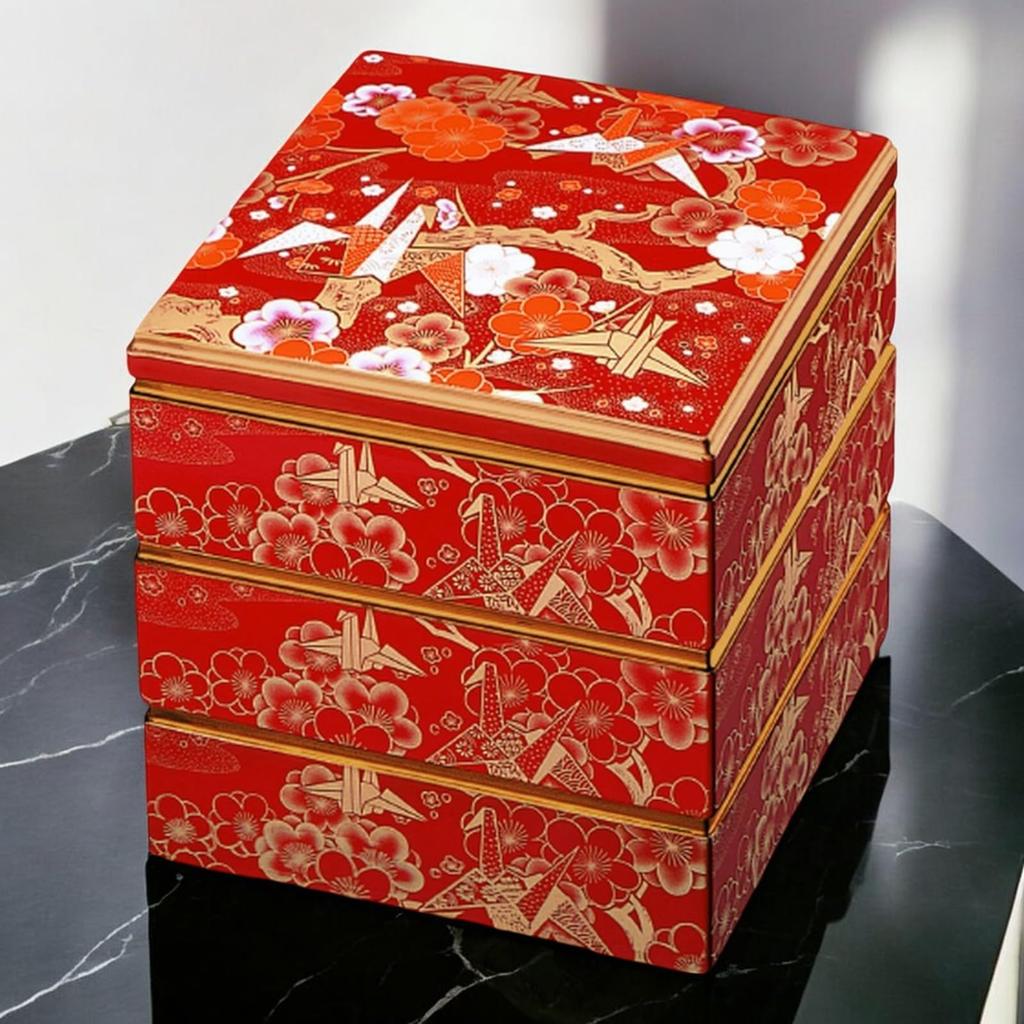 J-kitchens Лакированный 3-ярусный ящик Jubako, 7,0 дюймов, Saikōgura, Алый Журавль с Золотым Ободком, 20 см, Смола, Сделано в Японии