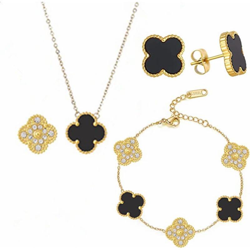 3PCS New Diamond Studded Clover Necklace Bracelet Earring Set