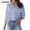Весна Осень Женская Блузка Большого Размера Карман Свободный Топ Полосатая Классическая Рубашка С Длинным Рукавом