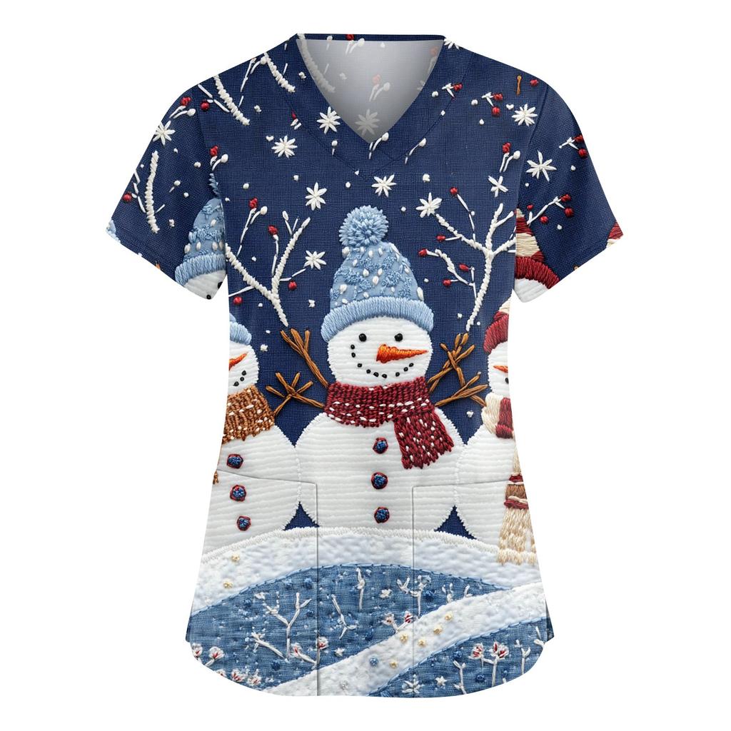 Женский модный рабочий топ с V-образным вырезом, рождественским принтом, короткими рукавами, карманом, боковым разрезом, базовый пуловер