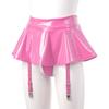 Womens Wet Look Patent Leather Ruffle Skirt Built-in Thongs Garter Belts Metal Clips Miniskirt Party Clubwear