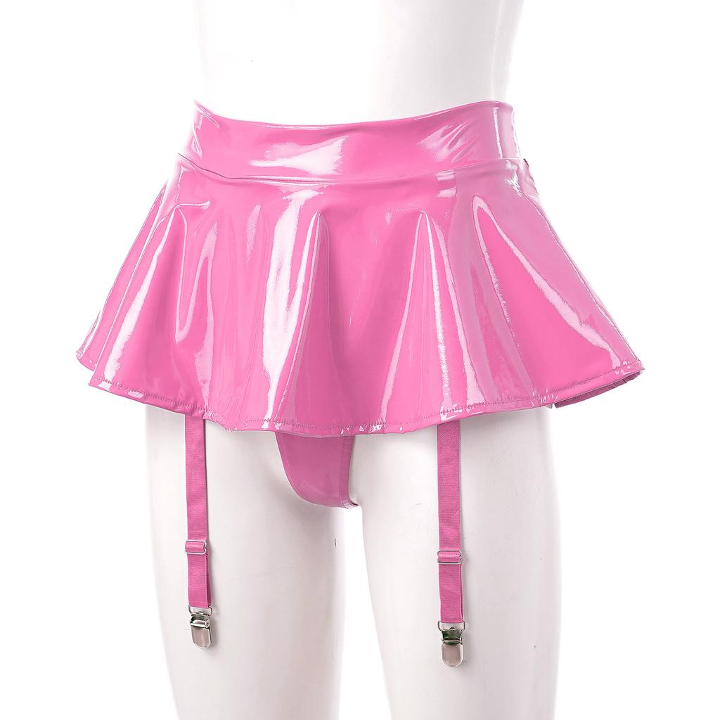 Womens Wet Look Patent Leather Ruffle Skirt Built-in Thongs Garter Belts Metal Clips Miniskirt Party Clubwear