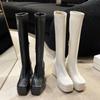 Гигантские ноги длинные водонепроницаемые платформы на высоком каблуке 2025 эластичные тонкие сапоги, но сапоги длиной до колена женские большие окружности трубы рыцарские сапоги