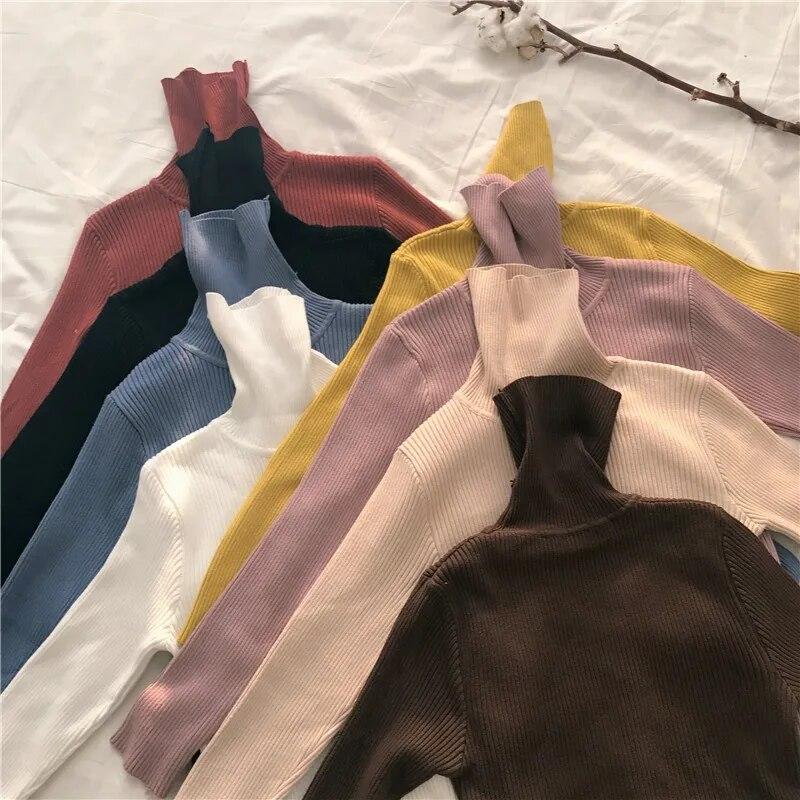 Women's Sweaters Slim Soft Long Sleeve High Neck Knit Pullover Slim Stretch Sweater Tops