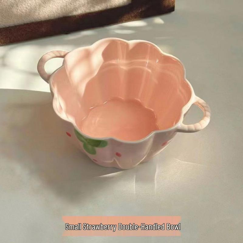 Очаровательная керамическая миска с двойными ручками в форме ягодного лепестка для фруктов, салата или лапши - Защита от ожогов.