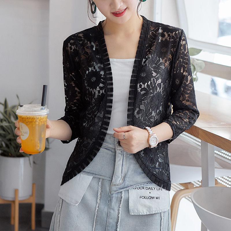 Lace Cardigan Thin Coat Women's Summer Korean Slim Plus Size Seven Quarter Sleeve Shawl Top Versatile Sun Protection Shirt