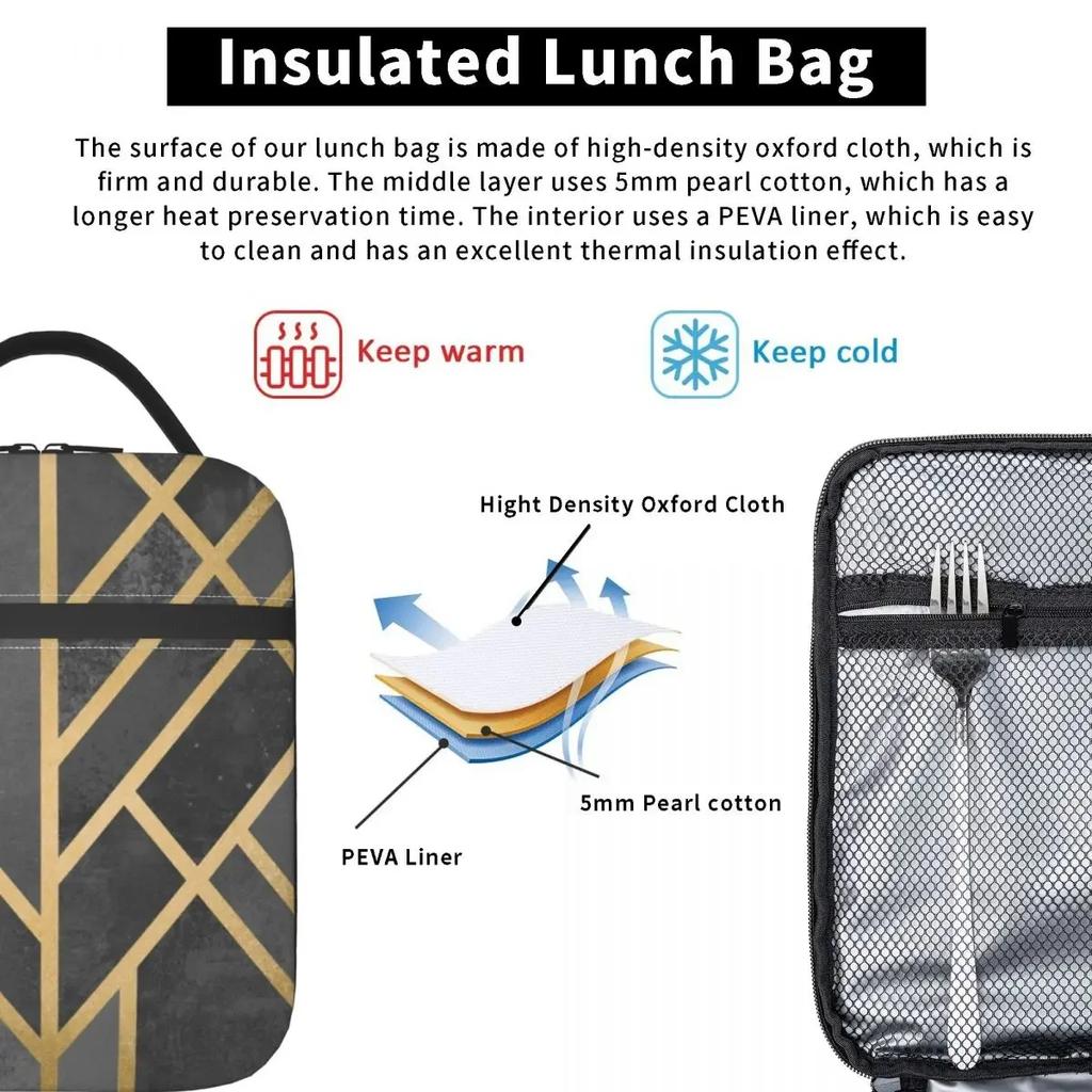 Grey Gold Geometry Art Deco Insulated Lunch Bag for Outdoor Picnic Abstract Geometry Portable Cooler Thermal Bento Box Women Kid