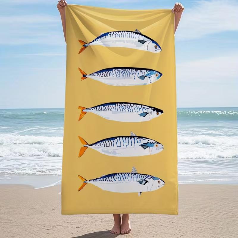 Vintage Cartoon Sardines Can Beach Towel Striped Fun Coastal Food Graphic Print Soft Absorbent Quick Dry Towel for Beach