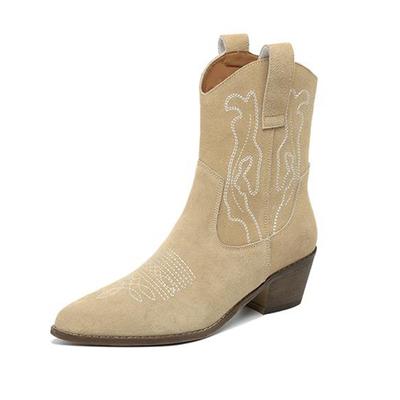 Коровья замша нубук осенне-зимняя обувь средний каблук размер 43 ковбойские сапоги вышивка слипоны шитье ботильоны