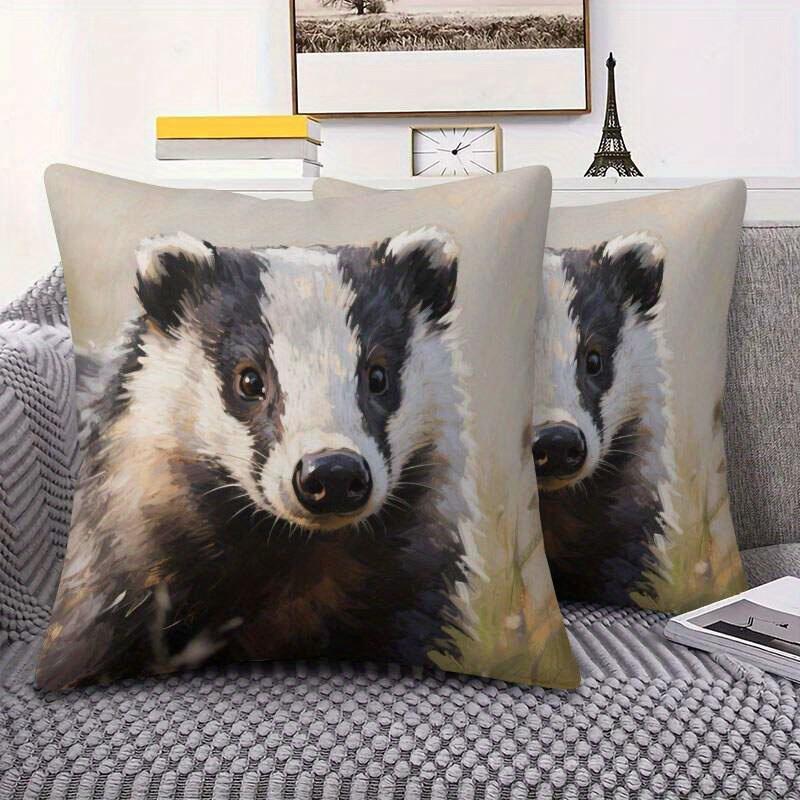 Cute Badger Portrait Throw Pillow Cover Animal Oil Painting Style Print Decorative Cushion Cover For Wildlife Lovers Home Decor
