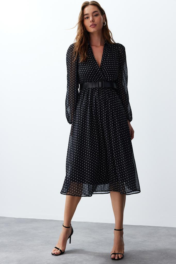 Женское модное дневное и ночное макси-платье с объемными рукавами и черным поясом в горошек на шифоновой подкладке макси-тканое платье