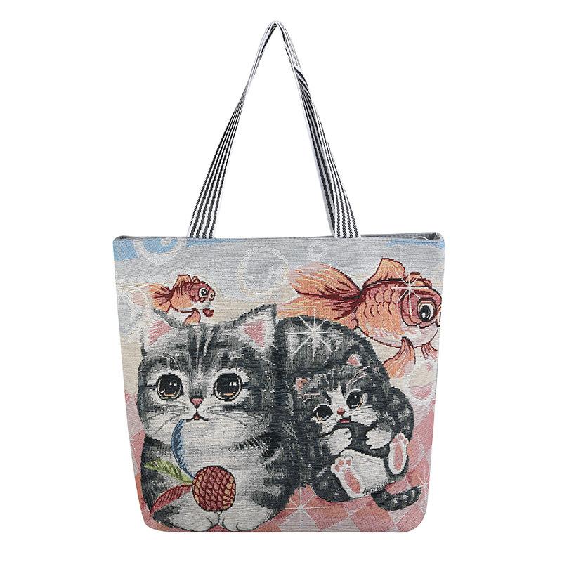 Harajuku Style Cartoon Canvas Bag, Literary Large-Capacity Shoulder Bag, Linen Trendy Cool Ethnic Style Women'S Bag