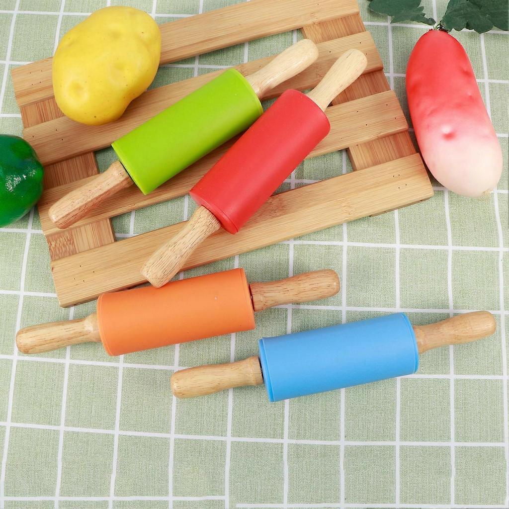 4PCS Mini Rolling Pin Wooden Handle Non‑Stick Silicone Rolling Pins for Home Kitchen Children Baking Tool