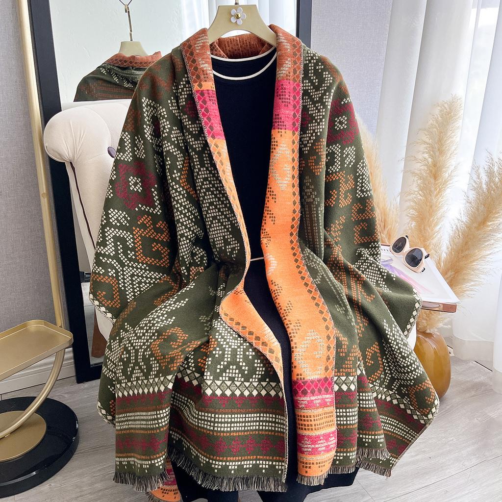 Scarf Shawl Women'S Winter Imitation Cashmere Warm Embroidery Shawl Middle-Aged Ethnic Style Cape Scarf Wonderful Outside