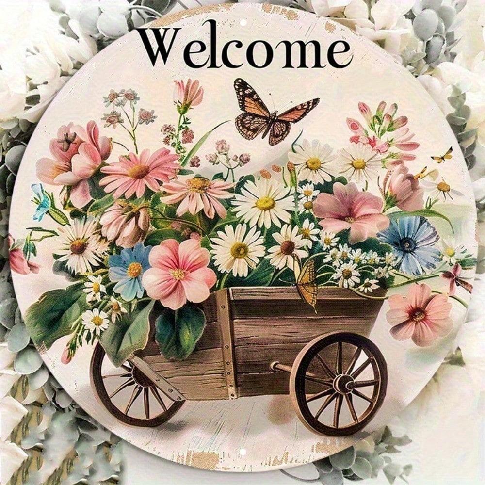 1pc 8x8 Inch Fantasy Animal Round Welcome Sign Waterproof HD Printed Floral Butterfly Door Hanger Wall Decor