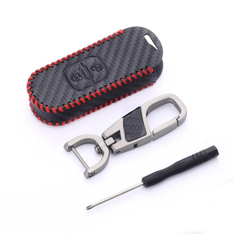 Hand Sewing Carbon Fiber Style Leather Car Key Case Covers for Mazda 2/3/5/6/8 MX/MX5 CX-3/-5/-7/-9Remote Keychain Bag Accessory
