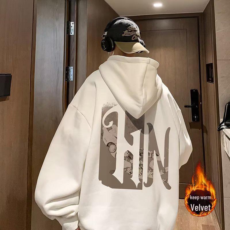 Мужская толстовка с капюшоном из японского бархата больших размеров — модная и свободная на осень/зиму