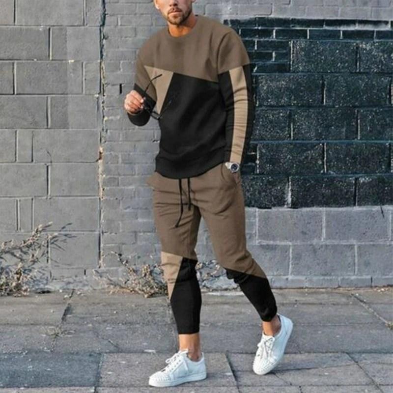 Fashion Splicing Color 3D Printing Men's Sportswear Set Casual Long-sleeved Pants 2-piece Set Oversized Pullover Men's Clothing