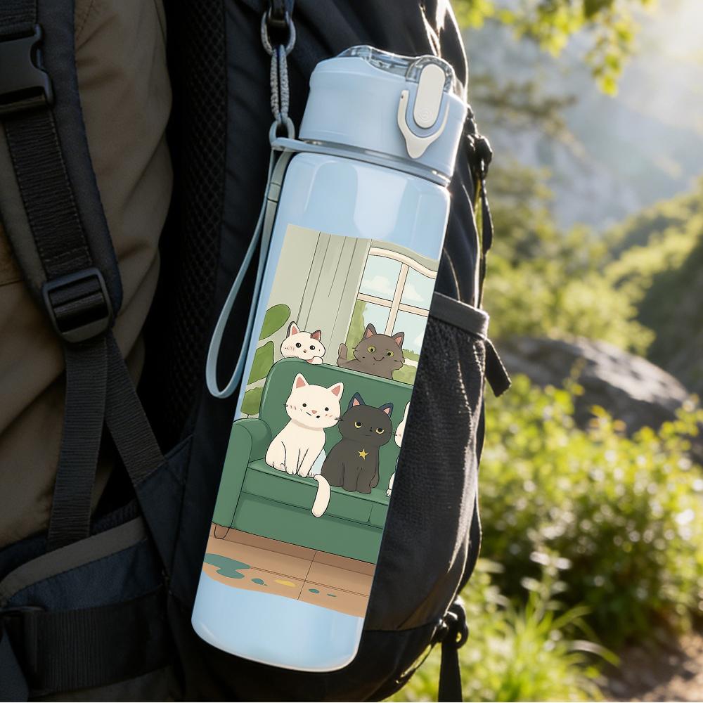 1PC Indoor Cat Family Scene 750ml Color Plastic Sports Water Bottle Leakproof Flip Straw Lid Suitable for Sports Office Home Use