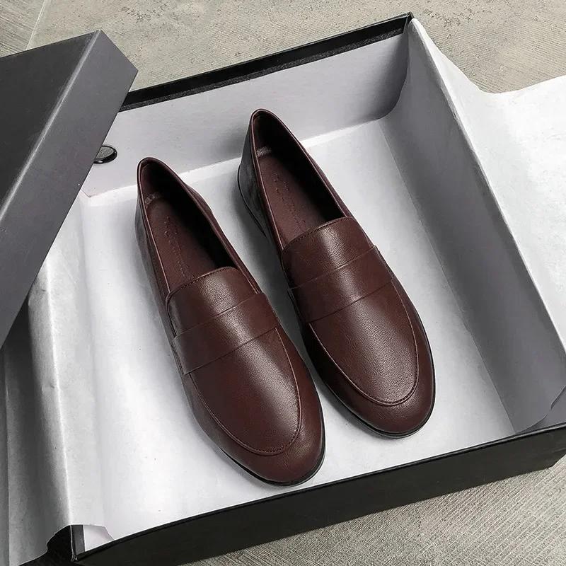 Модные женские кожаные туфли в британском стиле в стиле ретро, осенние повседневные лоферы на плоской подошве, модные туфли для офиса с круглым носком Zapatillas Mujer