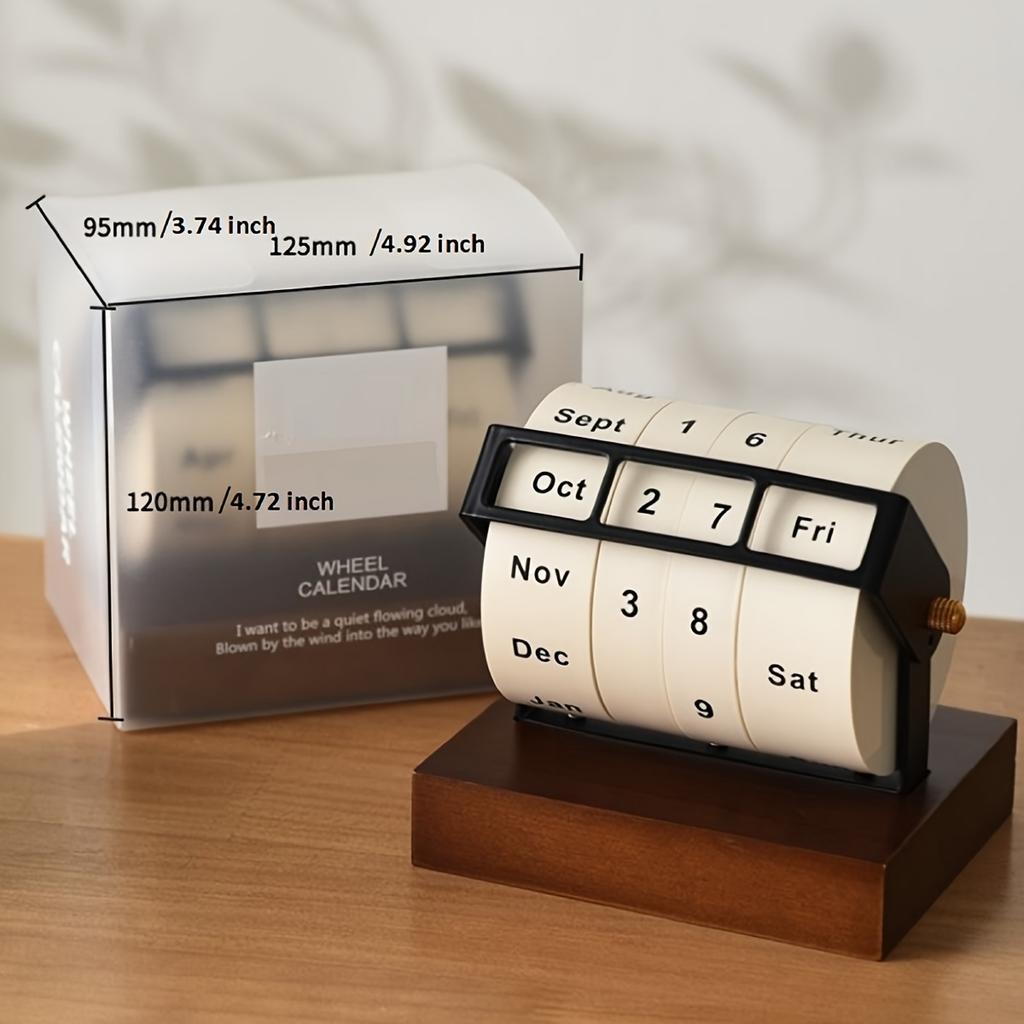 2025 New Model Retro Mechanical Style Rotating Wheel Perpetual Calendar Solid Wood Base, Monthly, Day Indicator, Natural Wood Finish