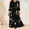Women Plus Size Tie Neck Black Printed Two Piece Set Three Quarter Sleeve Cardigan Sleeveless Long Dress