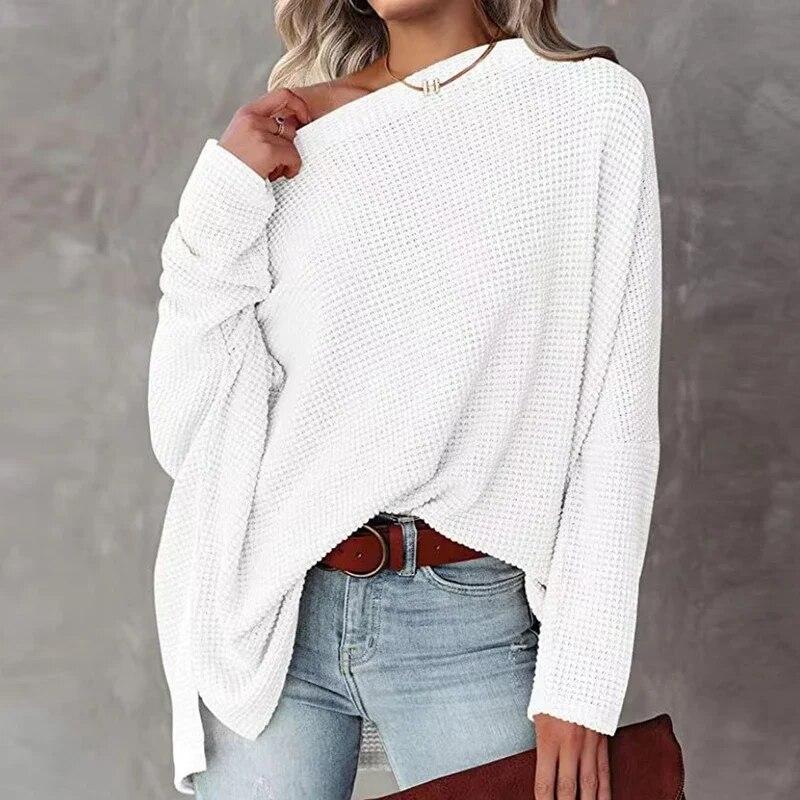 Осенние сексуальные пуловеры с открытыми плечами, женские элегантные свободные вязаные свитера с круглым вырезом, женские зимние однотонные повседневные теплые трикотажные изделия 29568