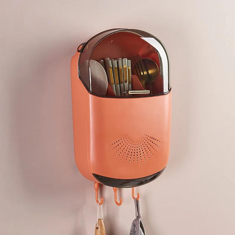 Wall-Mounted Dustproof Chopstick Holder Multi-functional Cutlery Holder Kitchen Knife Fork Spoon Container with Lid for Drainage