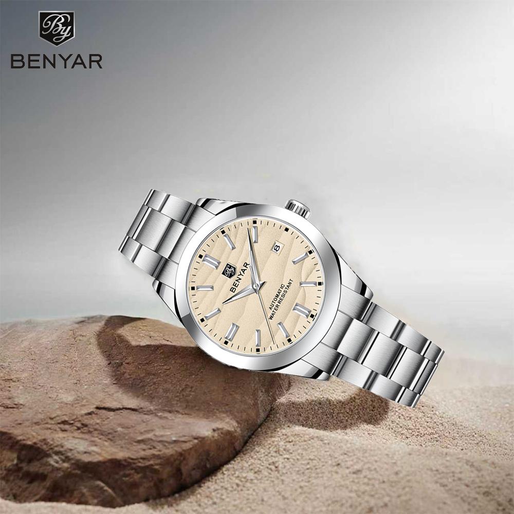 BENYAR5208 Design 40mm Men's Mechanical Watch - Luxury Business and Leisure Stainless Steel Automatic 50m Waterproof Watch