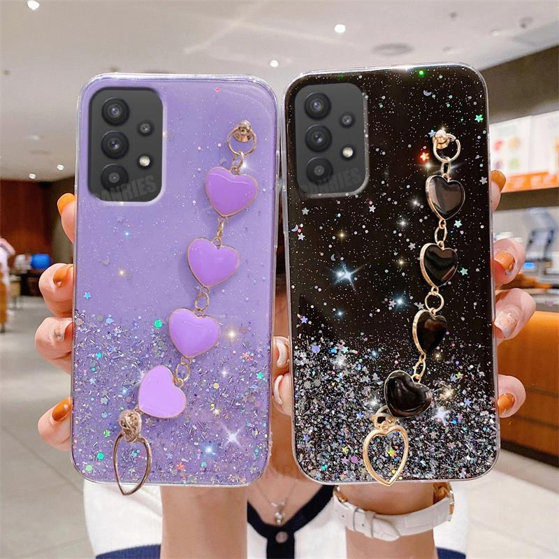 A 52 53 23 Блестящий чехол с цепочкой на запястье Love Heart для Samsung Galaxy A52 A53 A23 A13 A32 A72 A73 A33 4g 5g силиконовый чехол для браслета