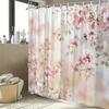 1 Цветочная шторка для душа - Розово-белый цветочный акварельный узор, пастельный фон, полиэстеровая ткань, машинная стирка