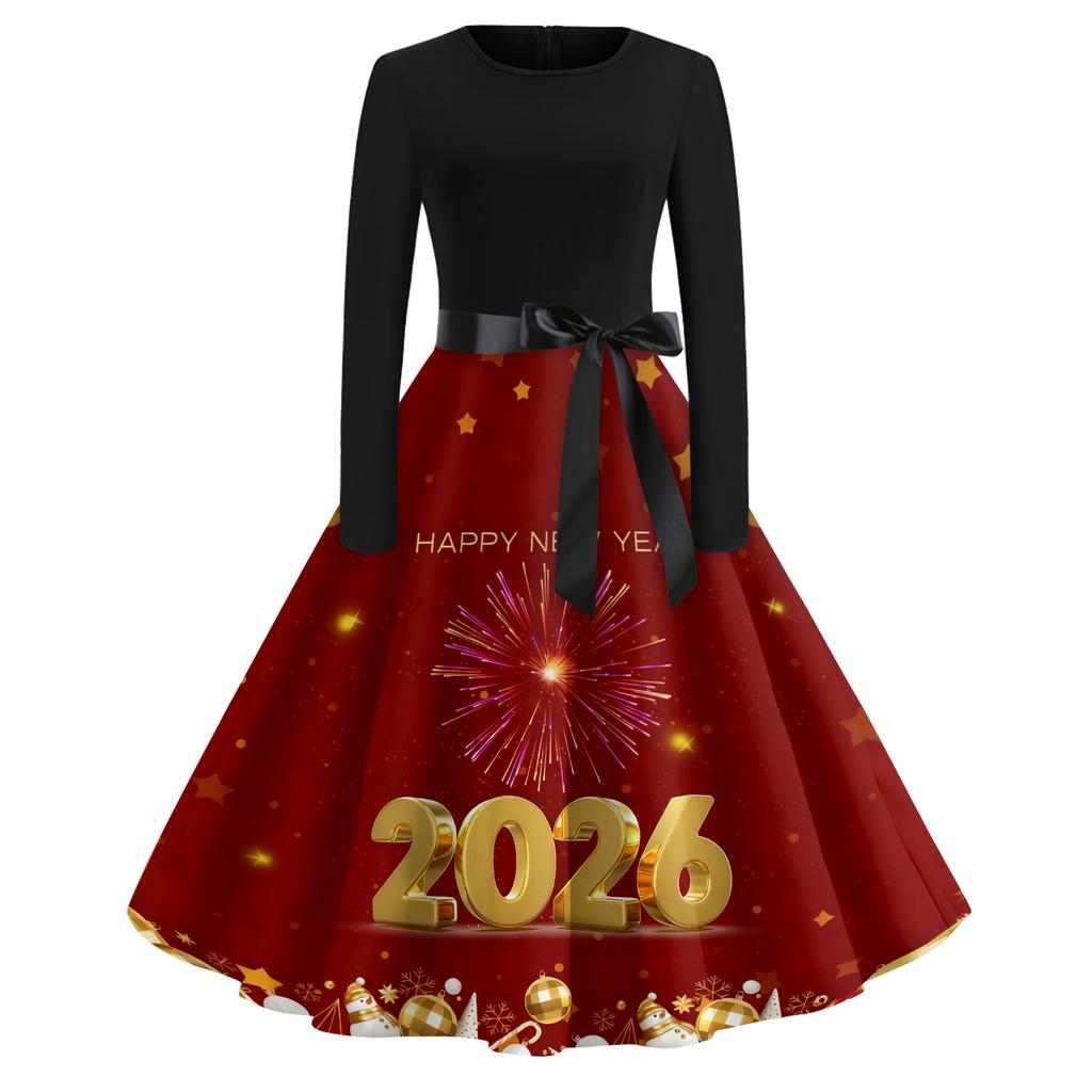 Женское повседневное модное платье с круглым вырезом и длинным рукавом с новогодним принтом в ретро-стиле
