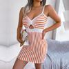 Spring Summer Sexy Solid Color Contrast Stripe High Waist Knitted Strap Wrap Hip Dress