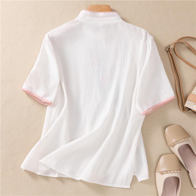 Ретро Дзен Чайная Пауза Женский Хлопковый Топ с Вышивкой - Рубашка с Коротким Рукавом в Китайском Стиле