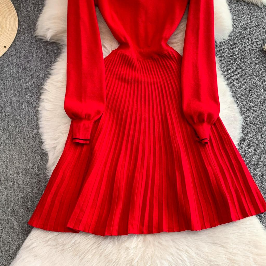 Spring Autumn Women College Stle Polo Color Full Sleeve Bowtie Knitted Sweater Mini Short Pullover Pleated Dresses