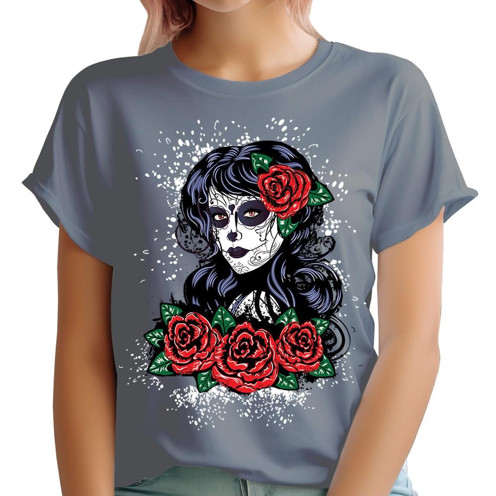 Day Of The Dead Sugar Skull TShirt Gothic Style Black Dress With Roses DT2382