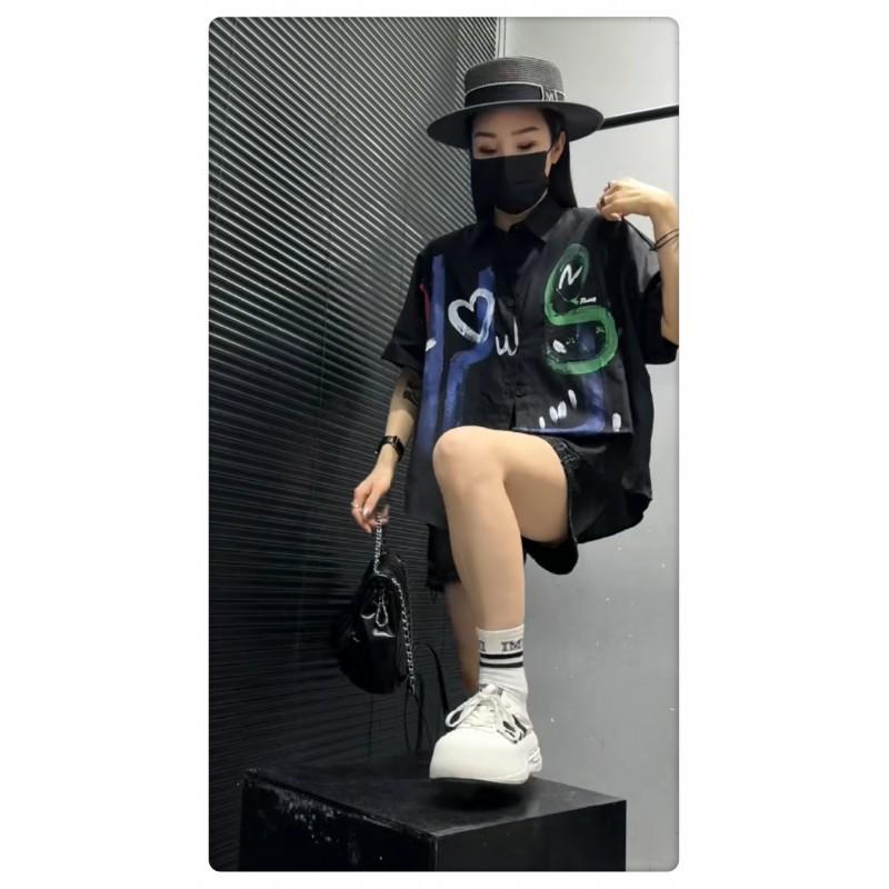 Womens Graphic Print Shirt Loose Mid-Length Irregular Hem Short Sleeve Polo Neck Streetwear