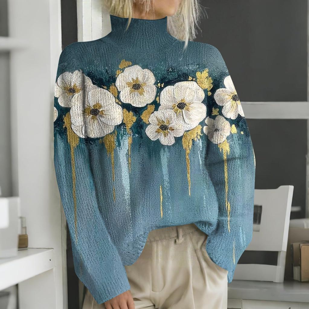 Женская мода повседневная с длинным рукавом и принтом, с высоким воротом, шерстяной трикотаж