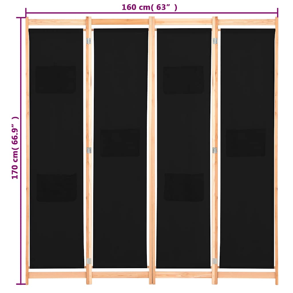 4 Panel Room Divider Black 160 x 170 x 4 cm Fabric