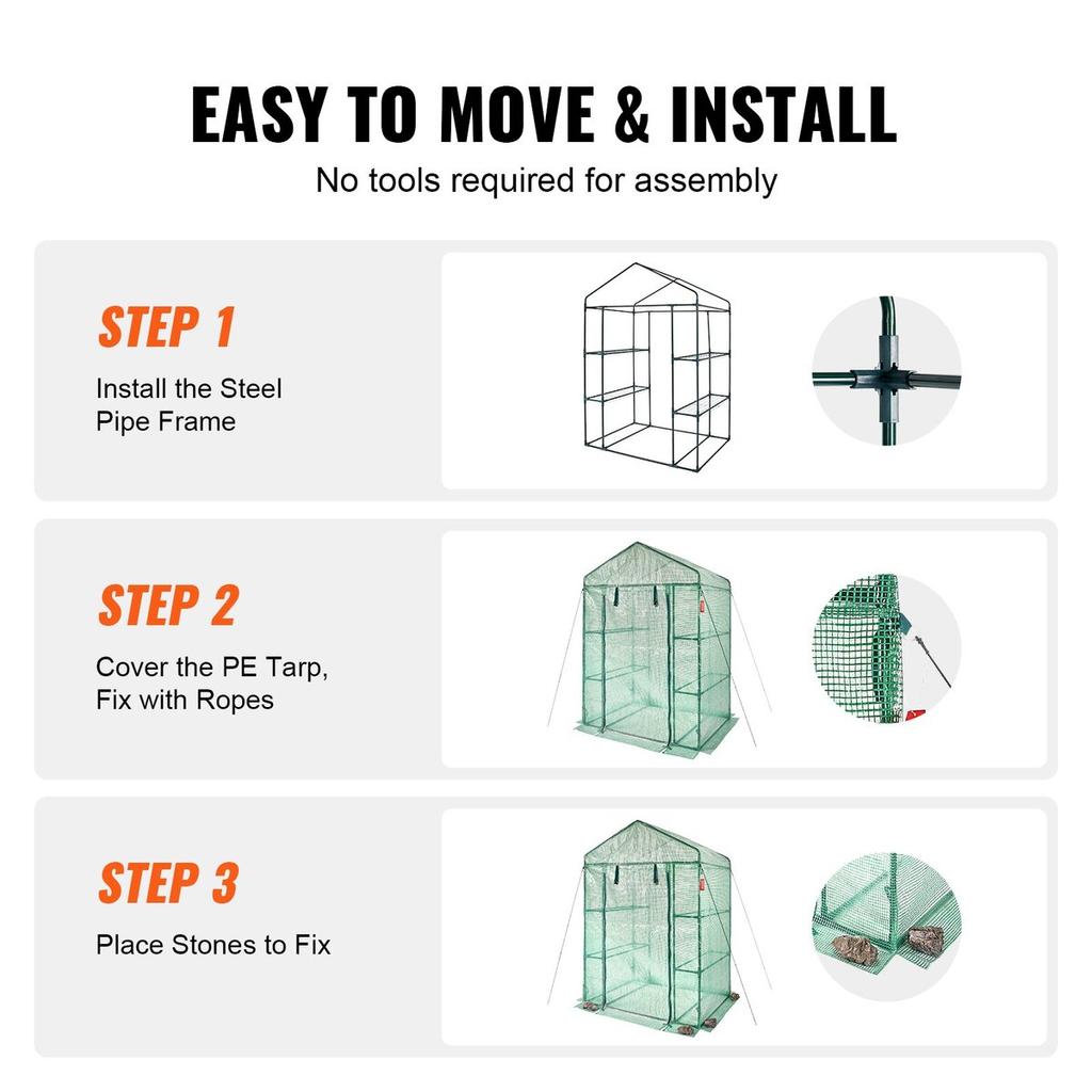 Walk-in Green House, 4.6 x 2.4 x 6.7 ft Greenhouse with Shelves, Set Up in Minutes, High Strength PE Cover with Doors & Windows and Steel Frame,